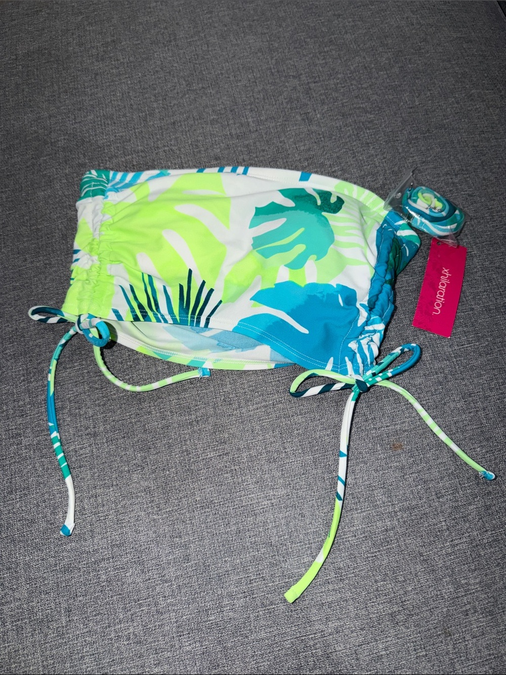 NWT Xhilaration Bandeau Bikini Top in Blue, Lime & White Tropical Print-S